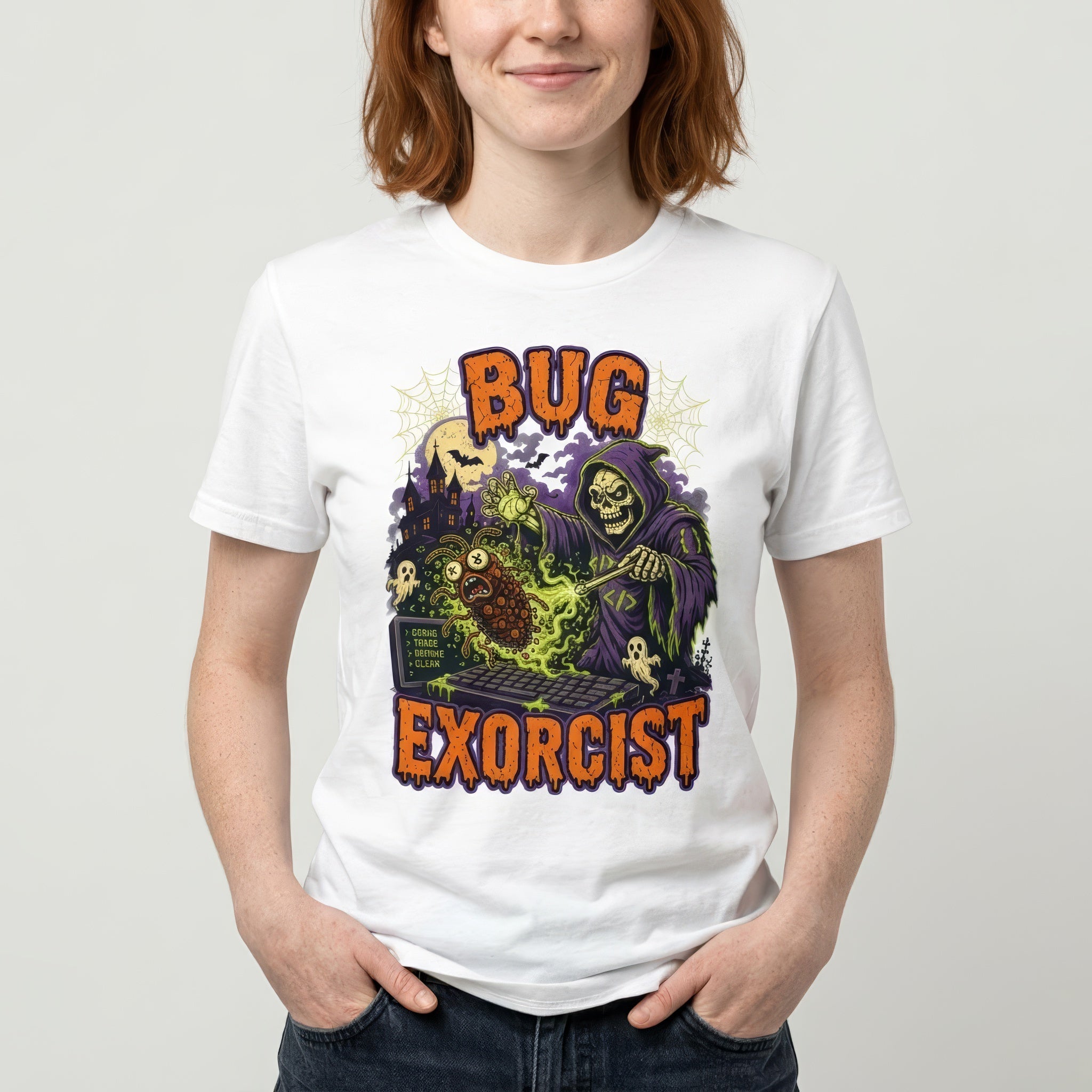 Bug Exorcist bugs cartoon debugging - Developer T-shirt - techmerch.io