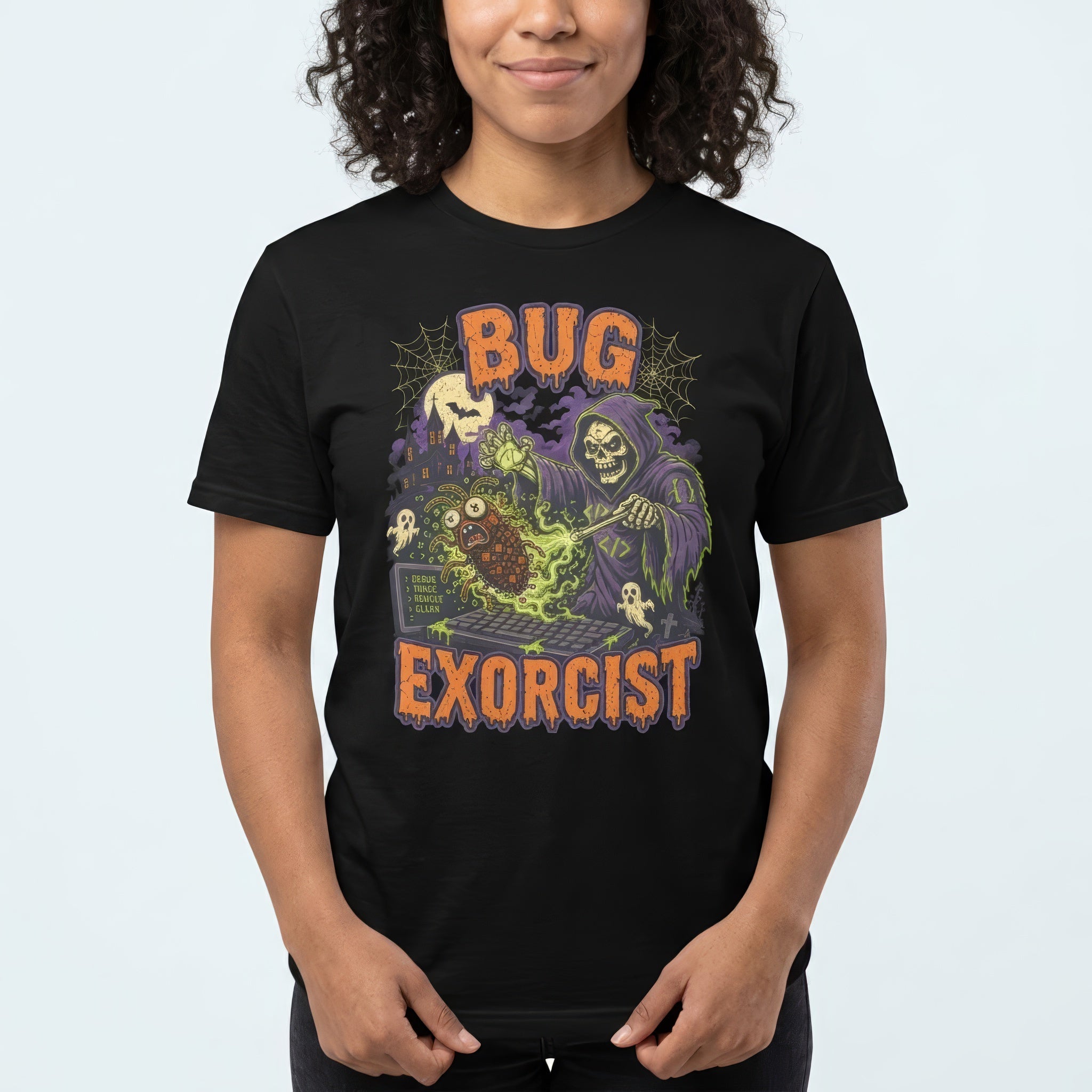 Bug Exorcist bugs cartoon debugging - Developer T-shirt - techmerch.io