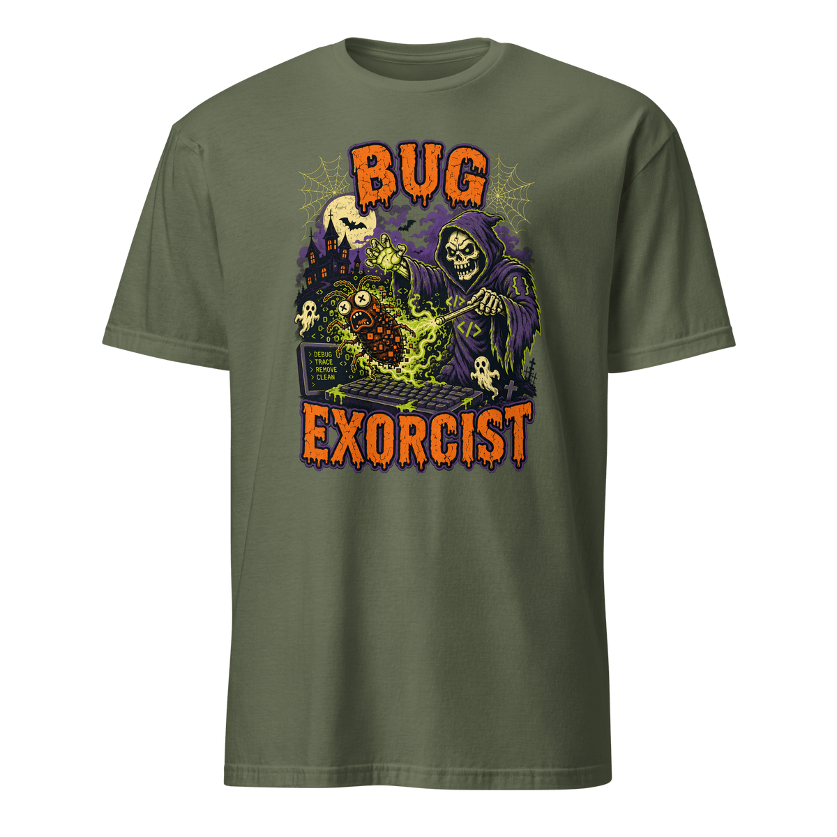 Bug Exorcist bugs cartoon debugging - Developer T-shirt - techmerch.io
