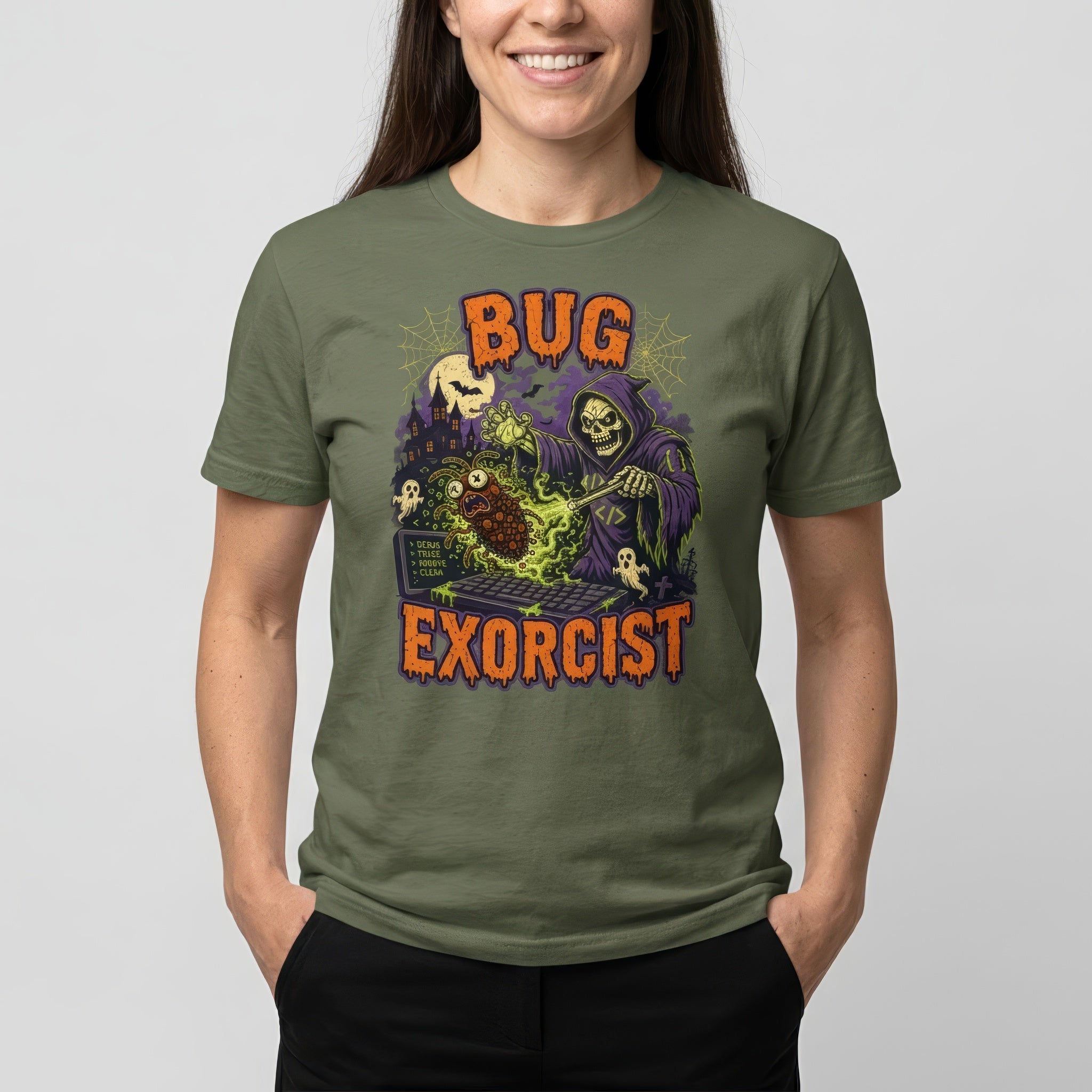 Bug Exorcist bugs cartoon debugging - Developer T-shirt - techmerch.io
