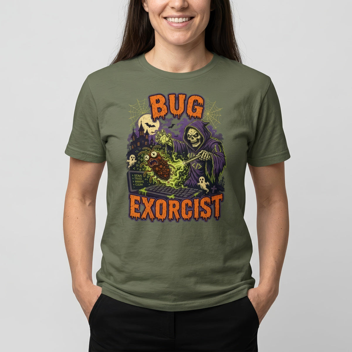 Bug Exorcist bugs cartoon debugging - Developer T-shirt - techmerch.io