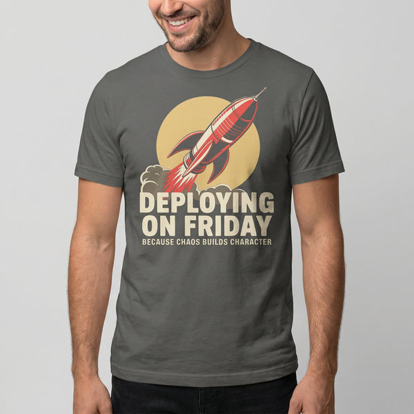 Deploying On Friday cartoon deployment devops - Developer T-shirt - techmerch.io