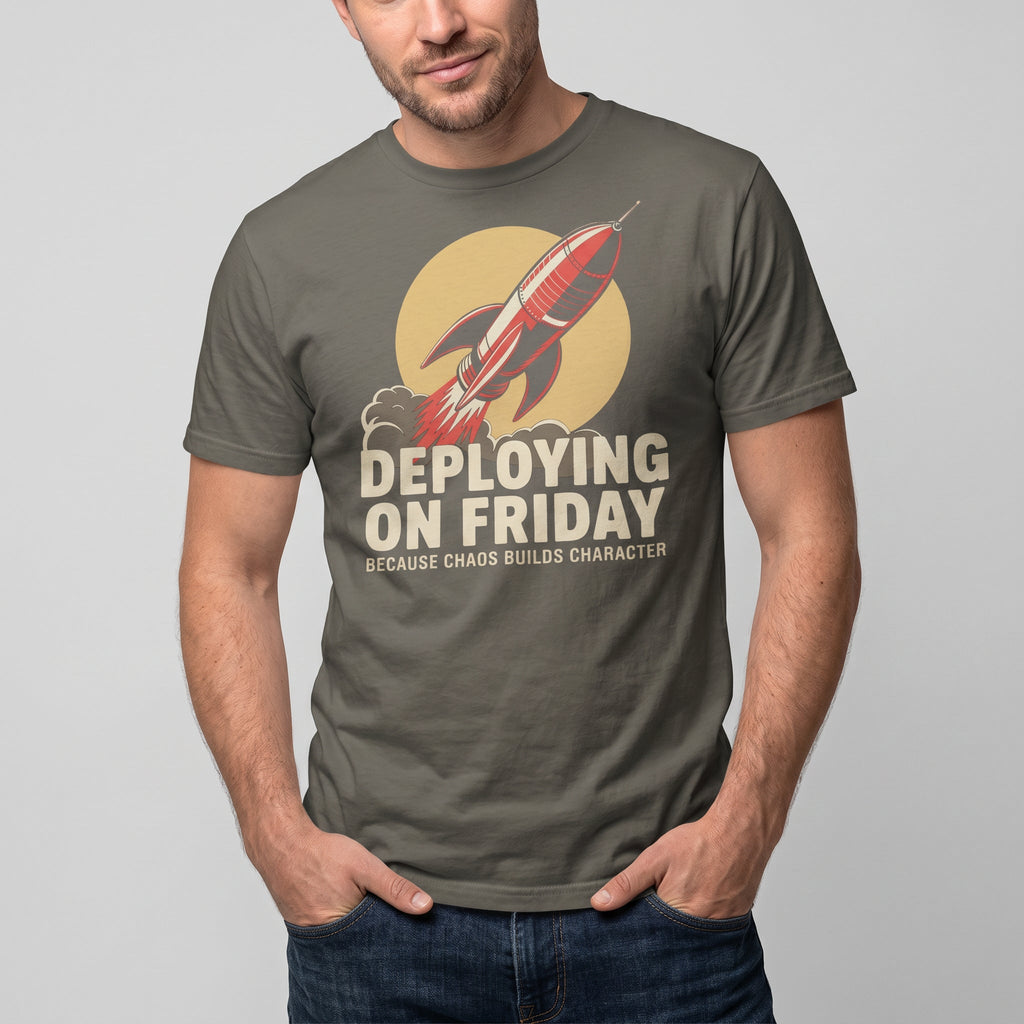 Deploying On Friday cartoon deployment devops - Developer T-shirt - techmerch.io