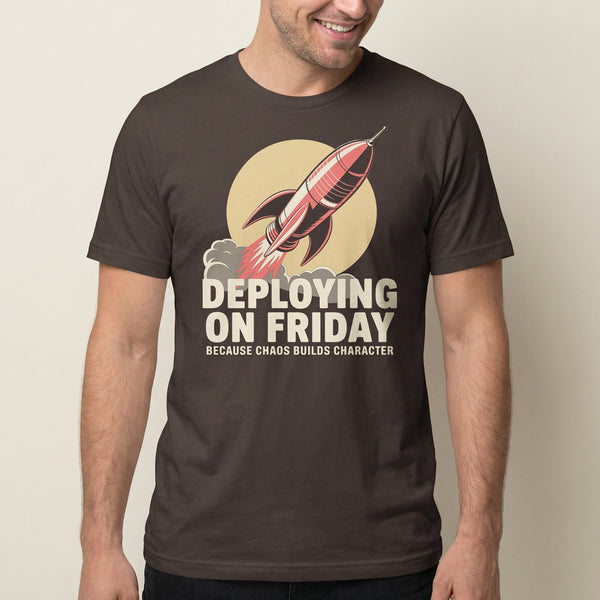 Deploying On Friday cartoon deployment devops - Developer T-shirt - techmerch.io