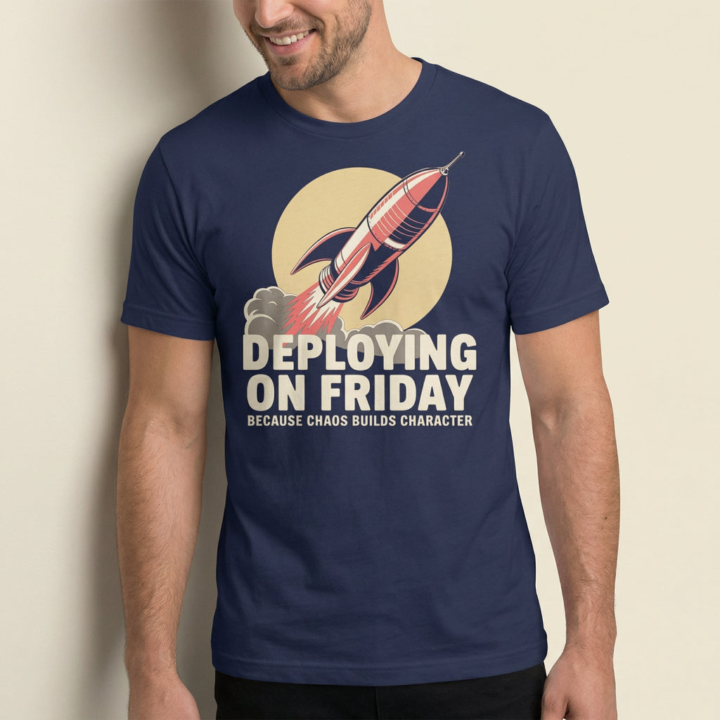 Deploying On Friday cartoon deployment devops - Developer T-shirt - techmerch.io