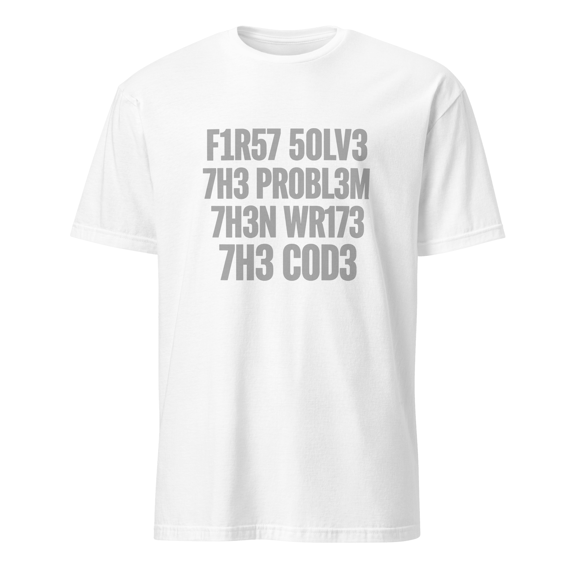 F1r57 50lv3 7h3 Pr0bl3m code debugging full-search f1r57 50lv3 7h3 pr0bl3m 7h3n wr173 7h3 c0d3 - Developer T-shirt - techmerch.io