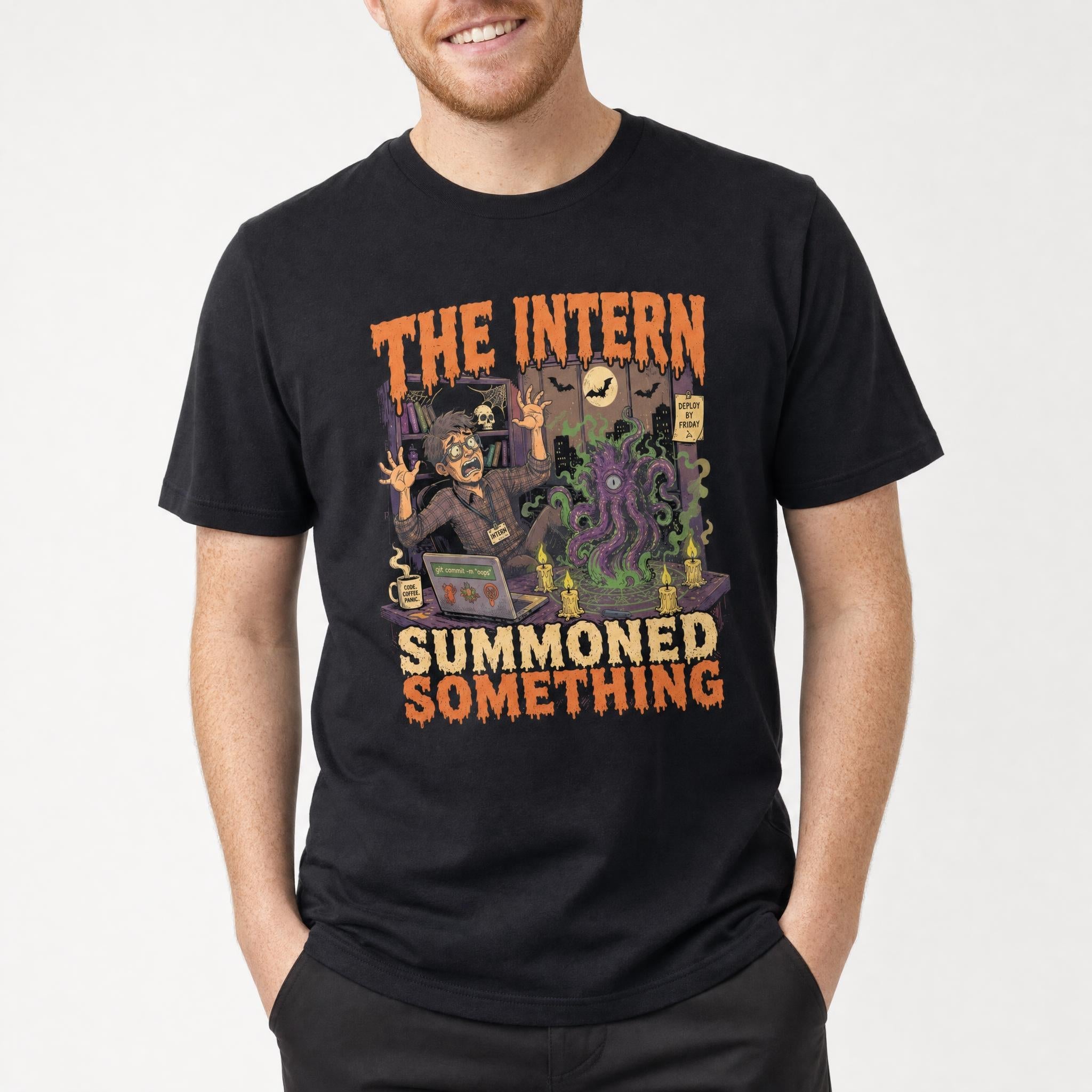 Intern Summoned Something cartoon full-search The Intern Summoned Something halloween - Developer T-shirt - techmerch.io