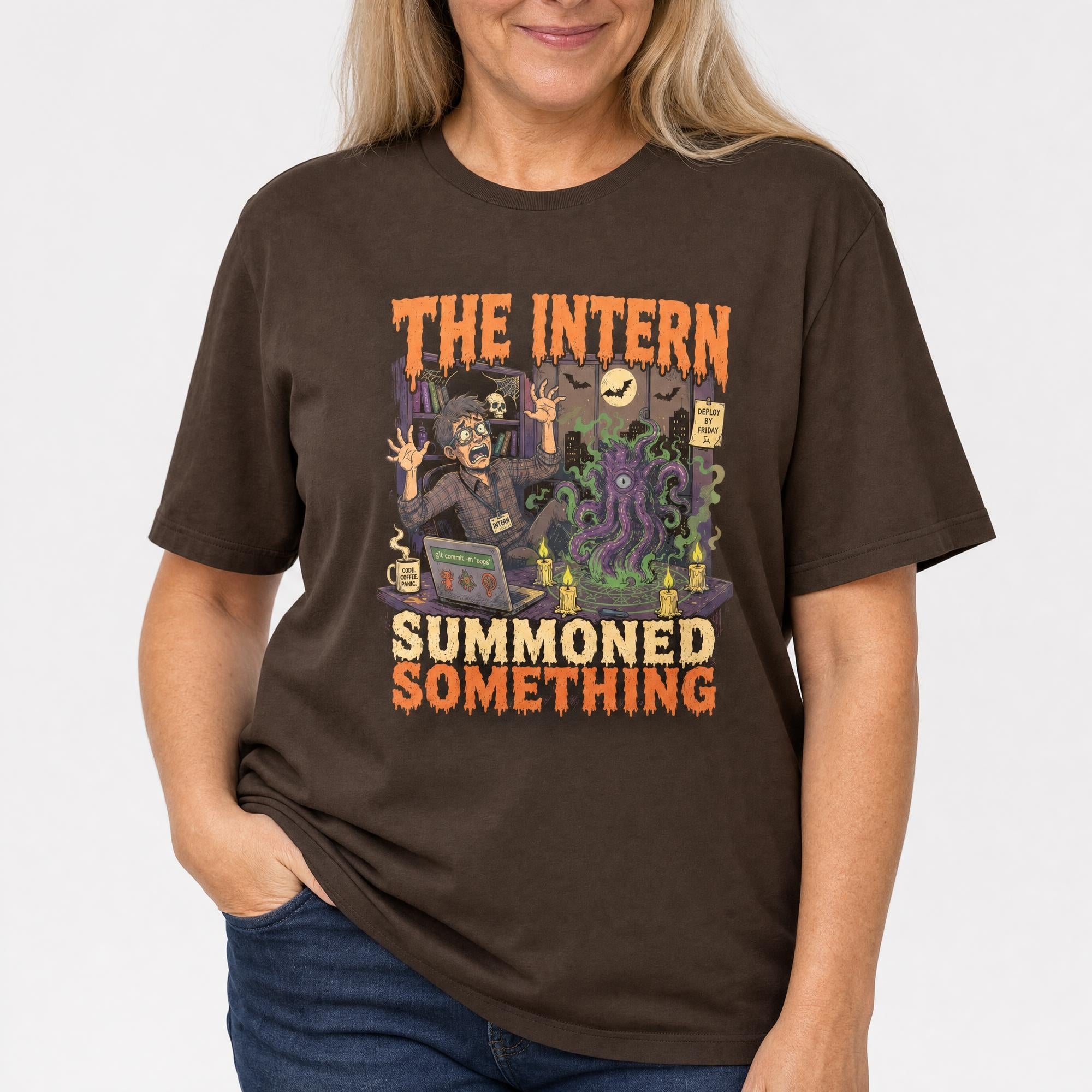 Intern Summoned Something cartoon full-search The Intern Summoned Something halloween - Developer T-shirt - techmerch.io