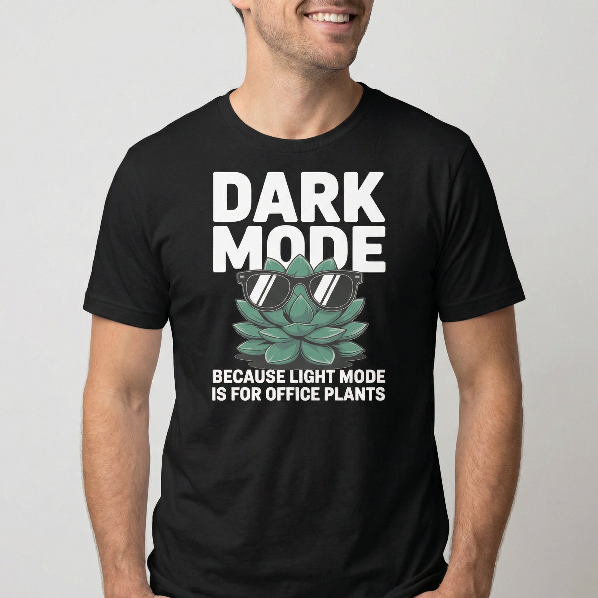Not An Office Plant cartoon darkmode full - search dark mode because light mode is for office plants - Developer T-shirt - techmerch.io