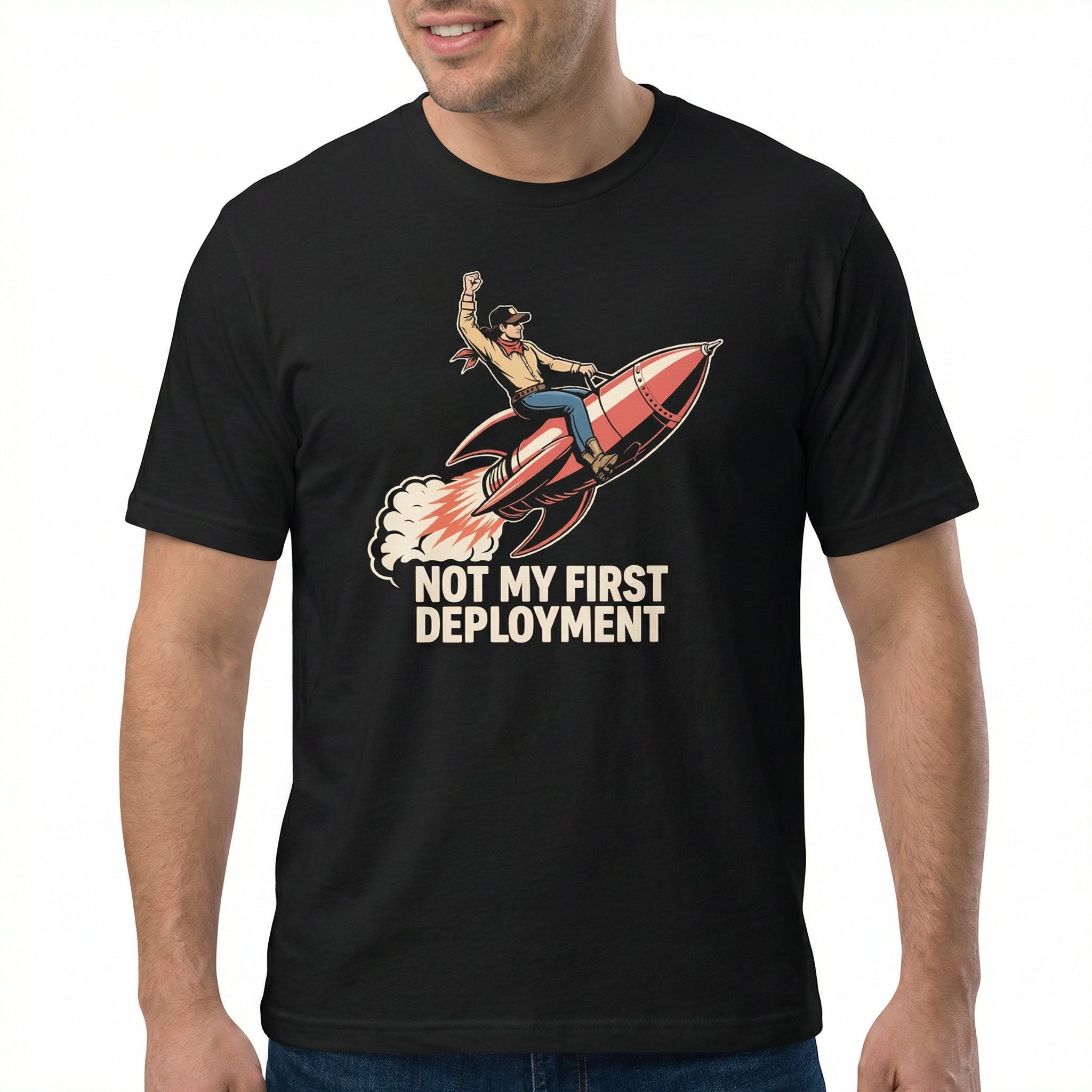 Not My First Deployment cartoon deployment devops - Developer T-shirt - techmerch.io