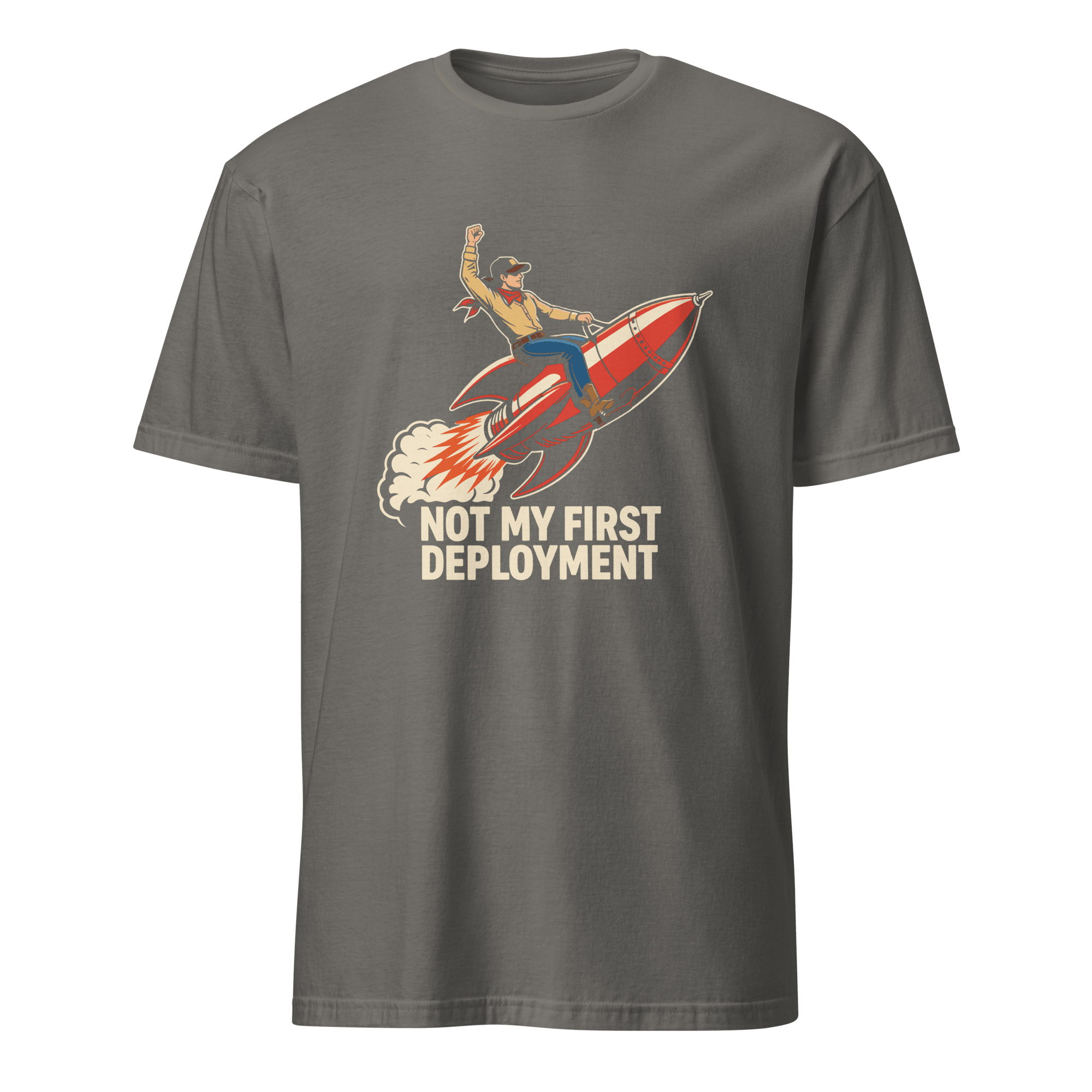 Not My First Deployment cartoon deployment devops - Developer T-shirt - techmerch.io